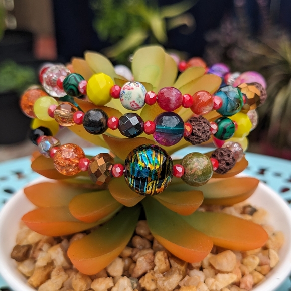 Jasper Agate Crystals Beaded Bracelet Handmade Festival Colorful Rainbow Quartz - Picture 5 of 13